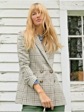 Veronica Beard Dickey Cream and Gray Plaid Double-Breasted Blazer